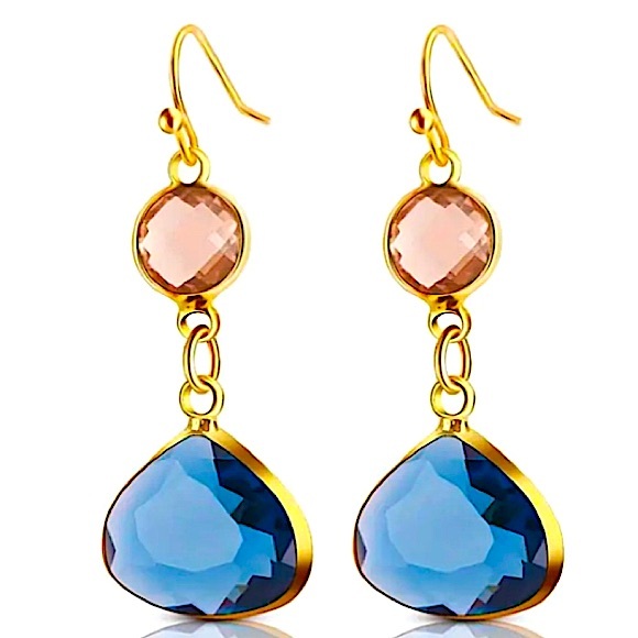 Gold Sapphire and Pink Dangle Earrings - Picture 3 of 9
